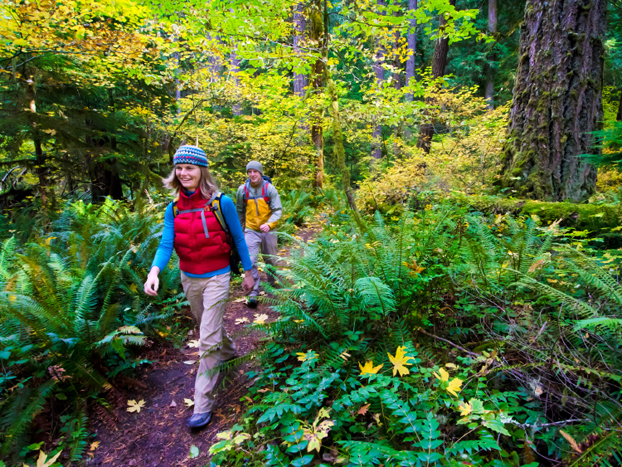 Two people hiking through a lush, green forest. The person in front wears a red vest and beanie, while the person behind wears an orange jacket. The trail is surrounded by ferns and tall trees with abundant foliage.